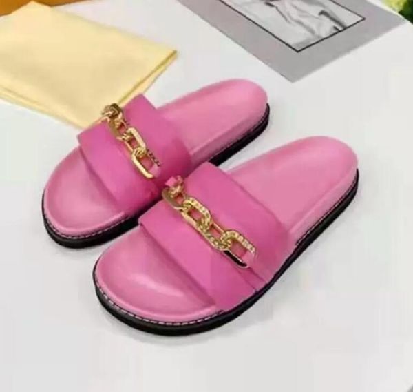 

leather thick soles slipper fad metal chain solid color sandal woman open-toe slippers wearproof sandals indoor bathroom flip-flops designer, Black