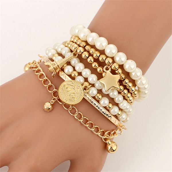 

tocona 6pcsset fashion gold color beads pearl star multilayer beaded bracelets set for women charm party jewelry gift 5483 220726, Golden;silver