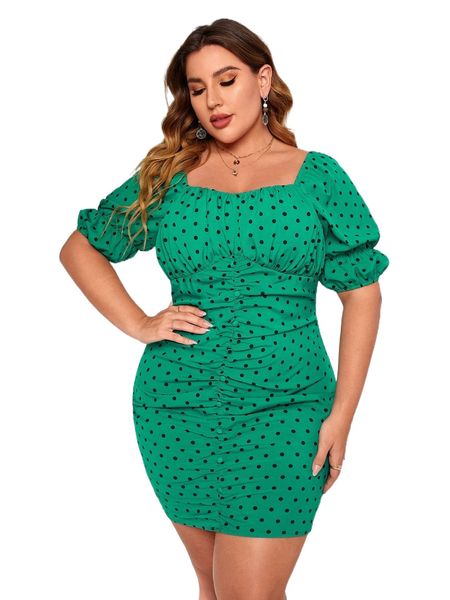 

plus polka dot ruched puff sleeve bodycon dress n6k5#, Black