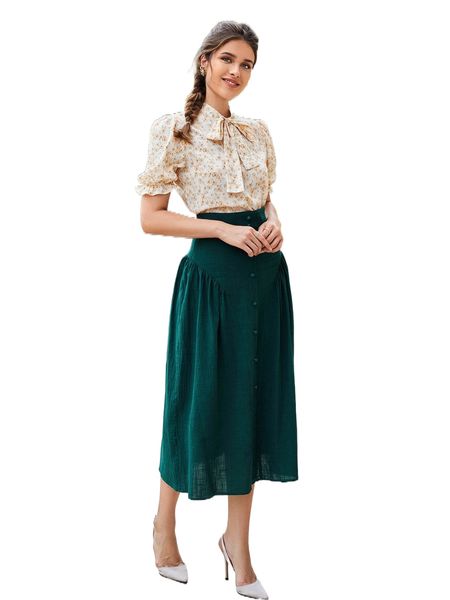 

ditsy floral print tie neck puff sleeve & skirt s3wq#, White