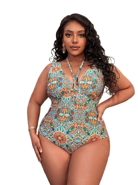 

plus allover print cut out tie back one piece swimsuit 51vk#, White;black