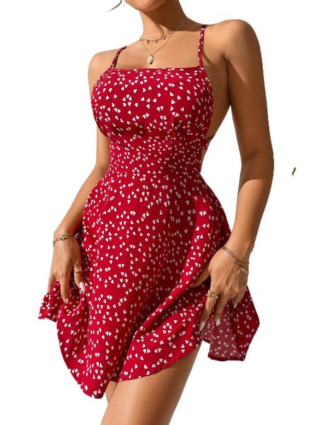 

petite confetti heart print criss cross tie backless cami dress t9b1#, Black;gray