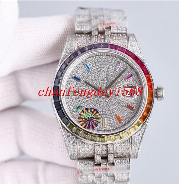 

ew factory luxury watch for men mechanical watches luminous automatic eta3235 movement 904l steel full diamond 40mm full colorful rainbow wr, Slivery;brown