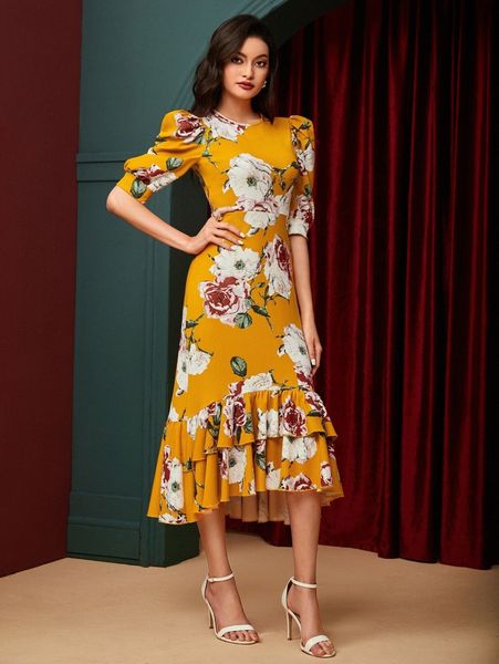 

floral print puff sleeve layered ruffle hem dress u8ff#, Black;gray