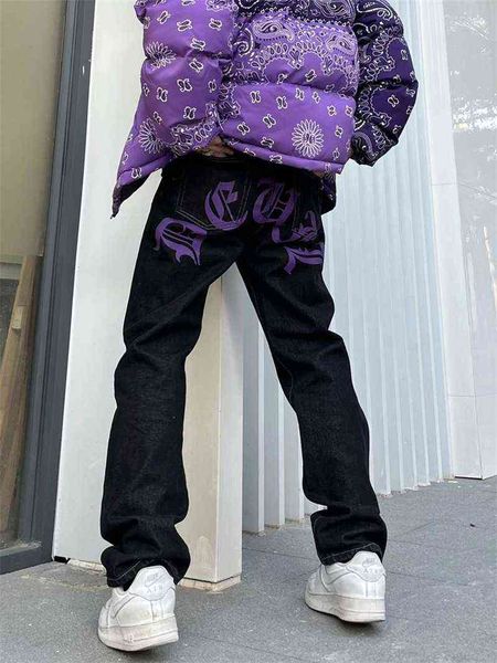 Y2k retro sânscrito jeans preto calças casuais punk masculino impressão de hip-hop solto harajuku masta