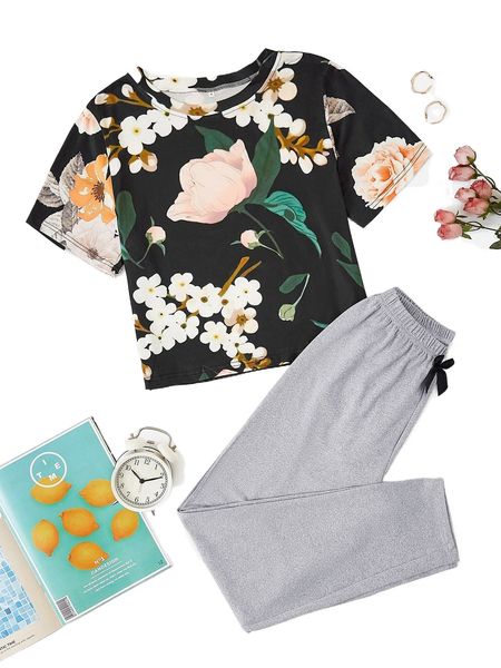 

floral print tee & bow front pants pj set n7lk#, Black;red