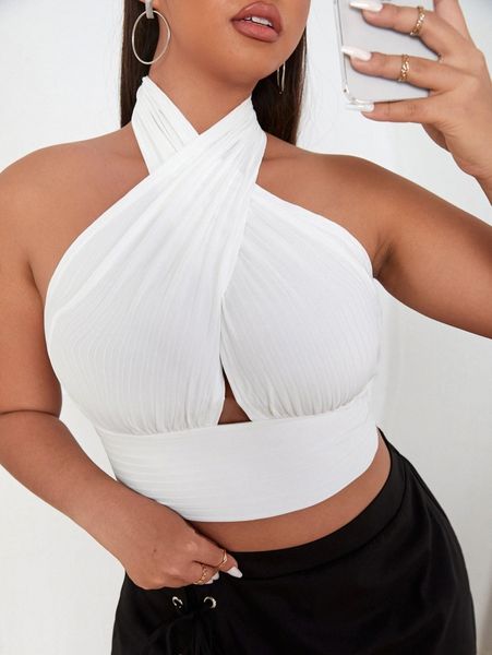 

plus criss cross backless crop halter m9do#, Black