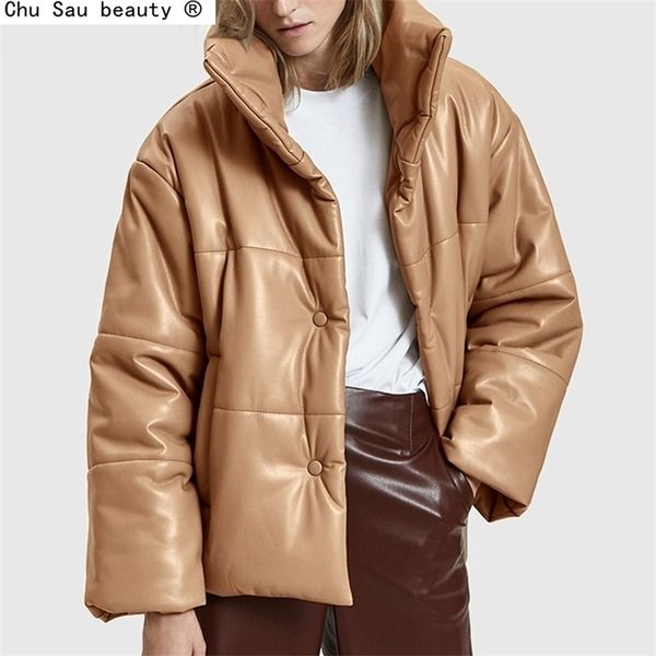 Chu Sau Schönheit Feste PU-Leder Baumwolle Parkas Frauen Mode Hohe Imitation Leder Mäntel Frauen Elegante Dicke Baumwolle Jacken Dame 201210