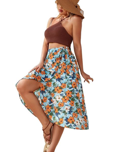 

allover floral print tie side wrap skirt 50gj#, Black