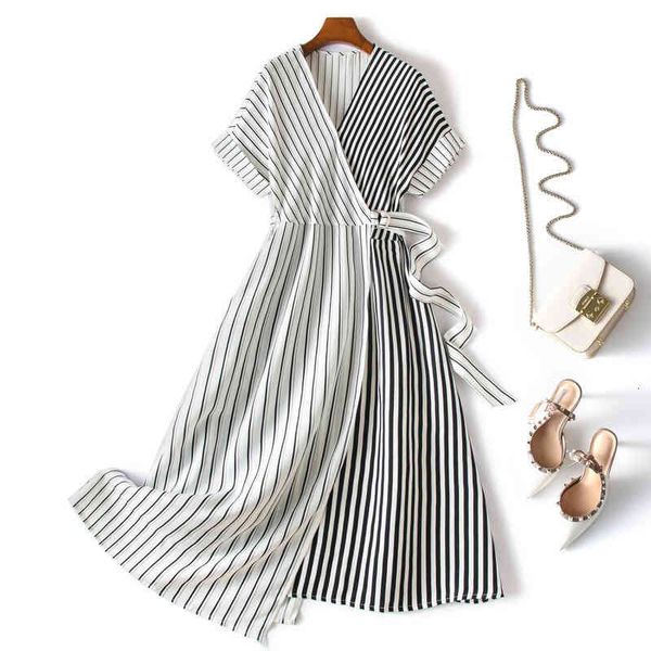 

casual dresses cut large brand surplus order france original export foreign trade tail summer high waist splicing v-neck stripe dress women, Black;gray