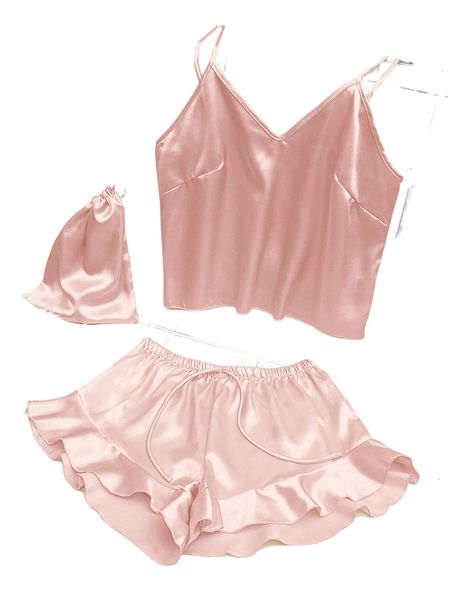 

tie front ruffle hem satin pj set e2cl#, Black;red