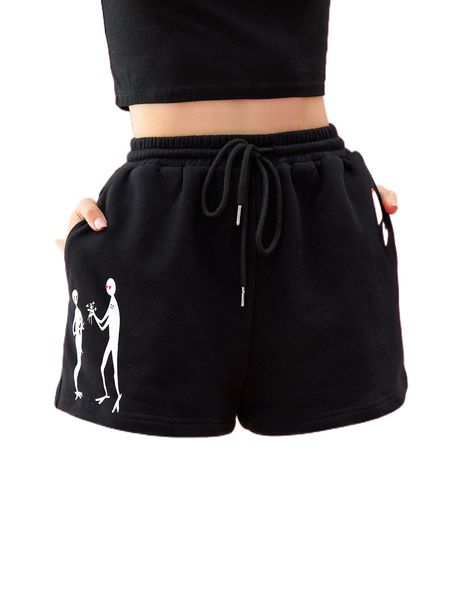 

x rikibeztiki figure graphic drawstring waist shorts e9bt#, White;black