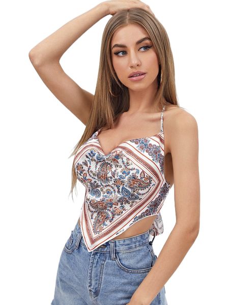 

scarf print tie backless halter t33f#, White
