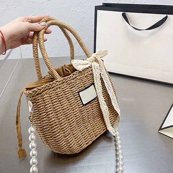 

2022 new fashion straw bags pearl chain portable bucket bags foreign style messenger rattan large capacity handbags cabbage basket holiday s