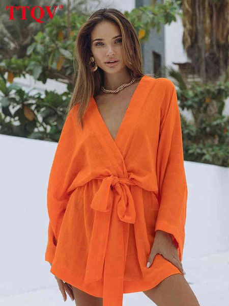 

ttqv v-neck orange mini dress lady casual lace-up long sleeve vintage dress elegant loose rayon dresses for women robes t220804, Black;gray