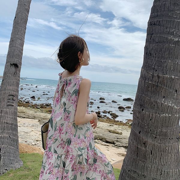 

french niche flower halter spaghetti straps dress summer long loose sleeveless off-shoulder seaside vacation fairy dress, White;black