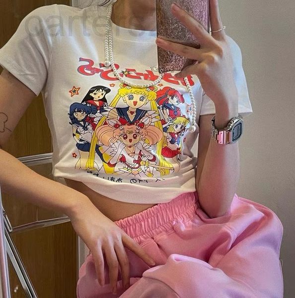 

women's t-shirt designer chaopai 22 spring and summer new beautiful girl warrior wide leg animation round neck short sleeved t-shirt 9w, White