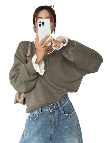 

dazy contrast trim flounce sleeve 2 in 1 sweatshirt 31ox#, Black