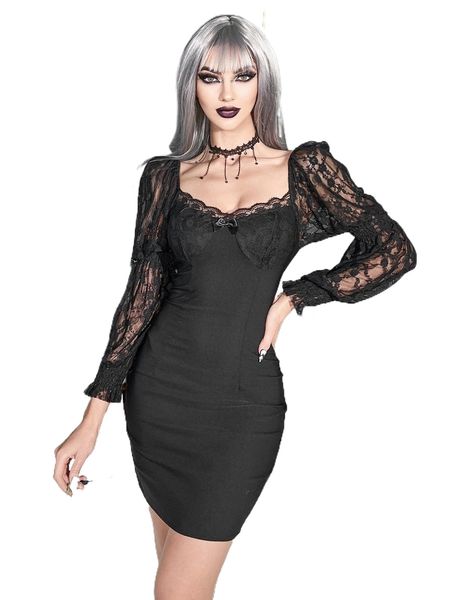 

contrast lace lantern sleeve bow front bodycon dress q1zf#, Black;gray