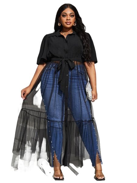 

sxy plus contrast mesh button front belted dress s2ln#, Black