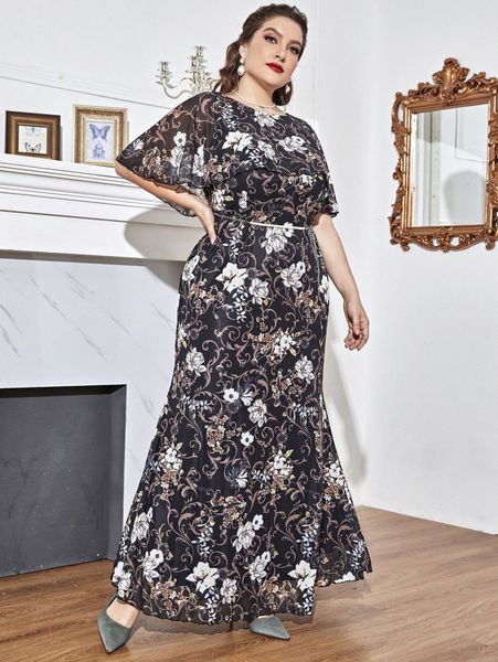

plus floral print overlay belted maxi dress y9az#, Black