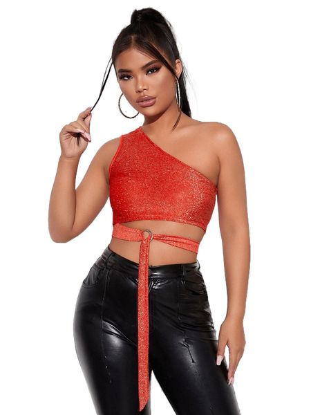 

sxy one shoulder buckled detail crop glitter p3o4#, White