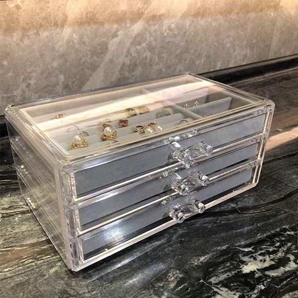 Aufbewahrungsboxen, 1/2/3 Schubladen, transparent, transparent, Acryl-Samt-Schmuck-Aufbewahrungsbox und Ohrringe, Ringe, Halsketten, Schmuck-Organizer