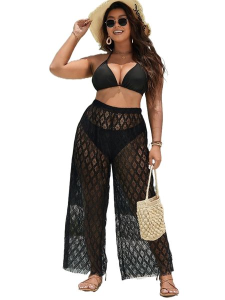 

plus hollow out cover up pants without bikini 52yw#, Black