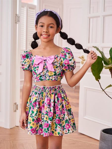 

girls floral print bow front & paper bag waist skirt she, White