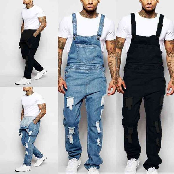 

2021 summer street trendsetter high waist men's denim overalls suspenders, Blue