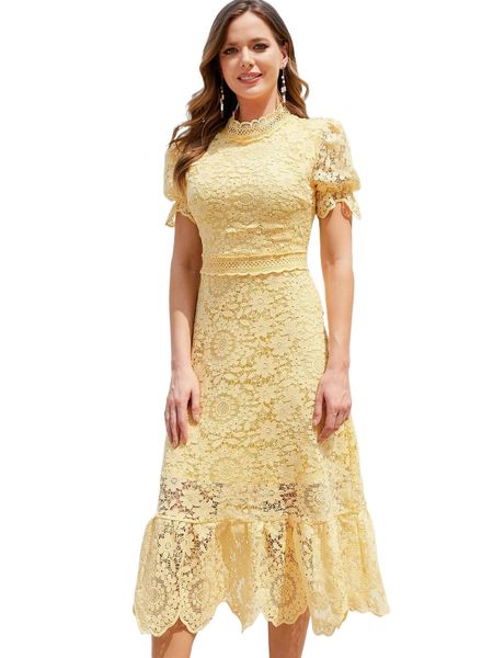 

puff sleeve ruffle hem lace dress t7qe#, Black;gray