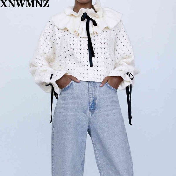 

xnwmnz za women knit sweater with ruffle trims sweater ruffled high neck and long sleeves bows openwork fabric 210513, White;black