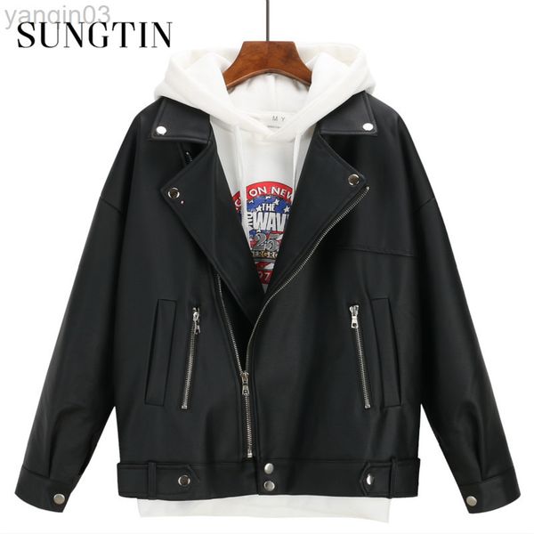 Sungtin Soft Loose Faux Leather Jacket Women Women Black Motorcycle Coat Autumn Winter Pu Short Streetwear Punk Style L220801