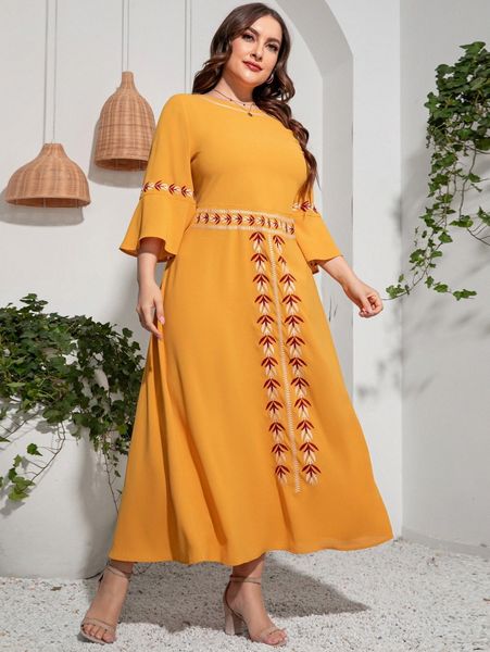 

plus leaf embroidery flounce sleeve dress g17o#, Black