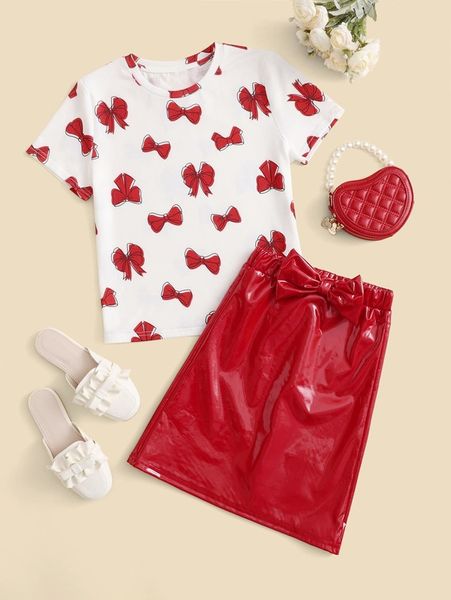 

girls bow print tee & patent skirt she, White