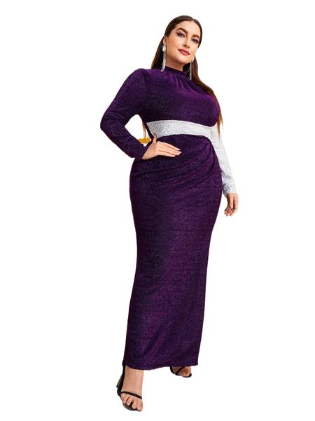 

plus contrast sequin mock neck split thigh dress z8wf#, Black