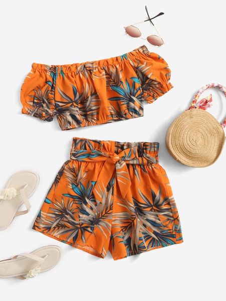 

girls off shoulder frill trim tropical print & paperbag waist shorts set she, White