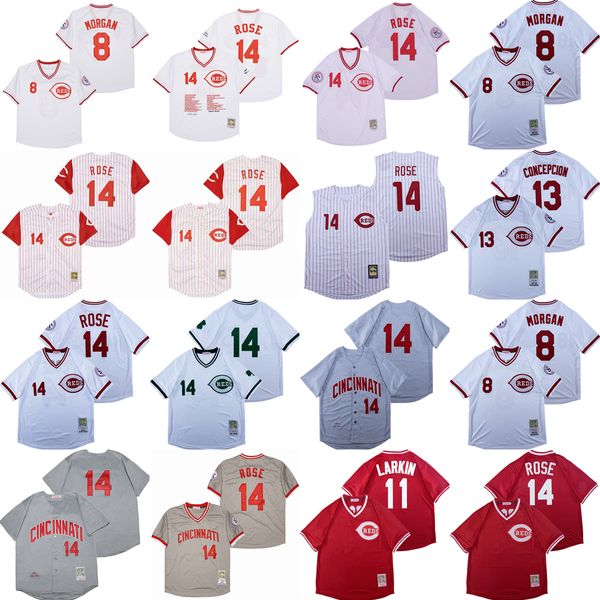 1969 1976 Gerileme Beyzbol 14 Pete Rose Jersey Vintage 8 Joe Morgan 11 Barry Larkin 13 Dave Concepcion Retro Kırmızı Gri Beyaz İnce Çizgili Tümü Dikişli Kazak İyi