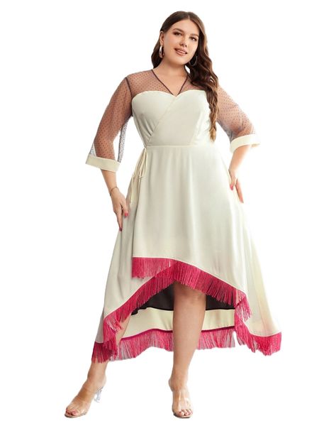 

x fotini plus dobby mesh insert fringe hem wrap knot side dress e38g#, Black