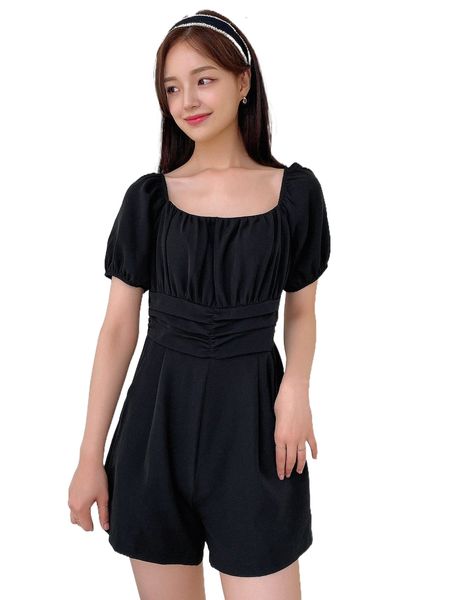 

dazy puff sleeve ruched romper 8520#, Black;white