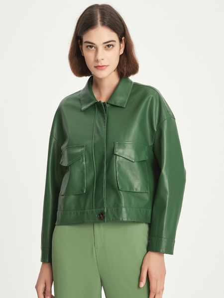 

cathiewood new 2022 spring autumn pu faux leather jacket women green short jackets coat female outwear veste femme, Black;brown