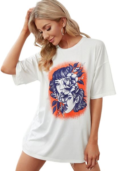 

x monkah figure & floral print drop shoulder tee 86ql#, White