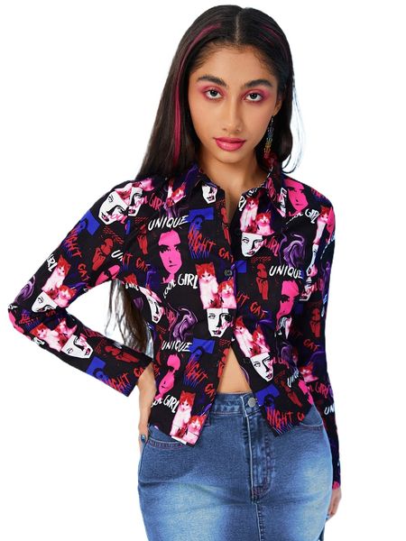 

collared buttoned front slogan and figure graphic blouse x8tq#, White