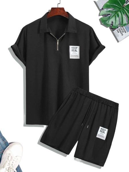 

men slogan graphic polo shirt & drawstring waist shorts w7av#, Gray