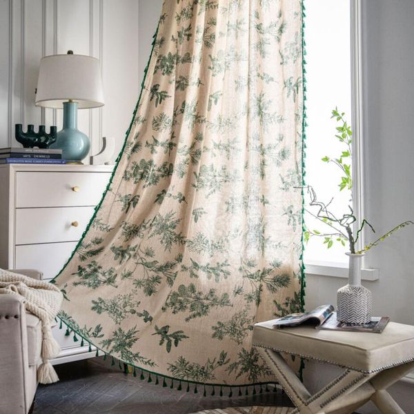 

sheer curtains finished cotton linen printing turquoise semi shading kitchen curtain floating window curtain