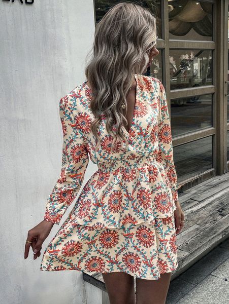 

allover print shirred waist layer ruffle hem dress v6kd#, Black;gray