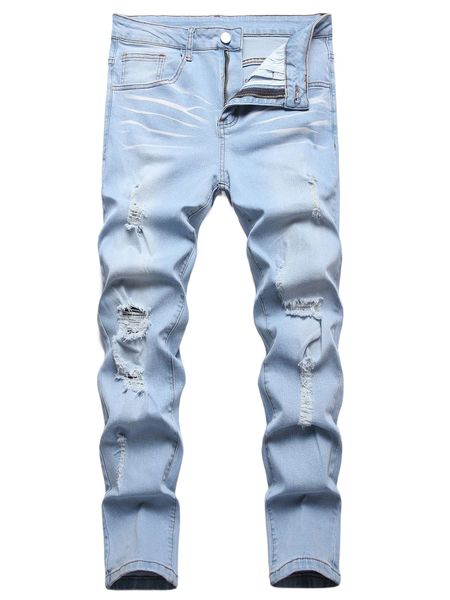 

men ripped frayed cat whisker jeans 37fl#, Blue