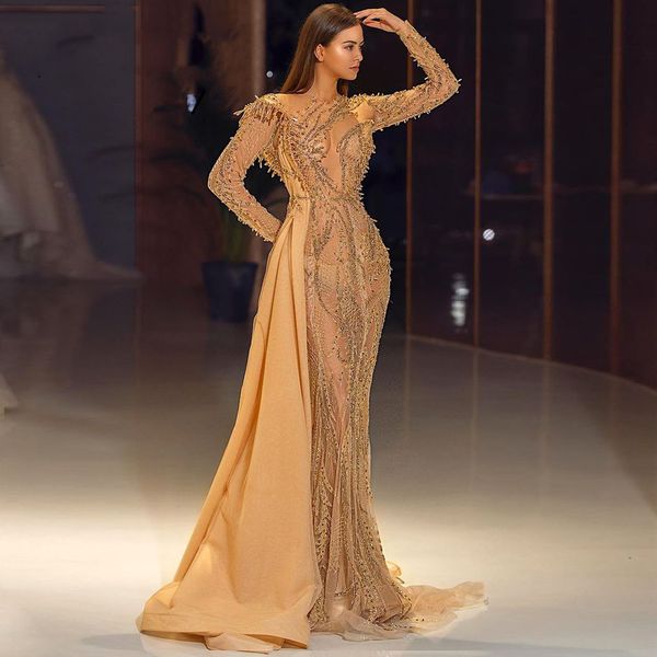 Vestidos de baile de sereia de ouro de luxo de luxo com mangas compridas de pescoço de renda de renda Apliques Mindedas Vestidos noturnos Hollo