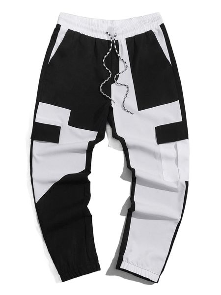 

men colorblock flap pocket drawstring waist cargo pants m2cv#, Black