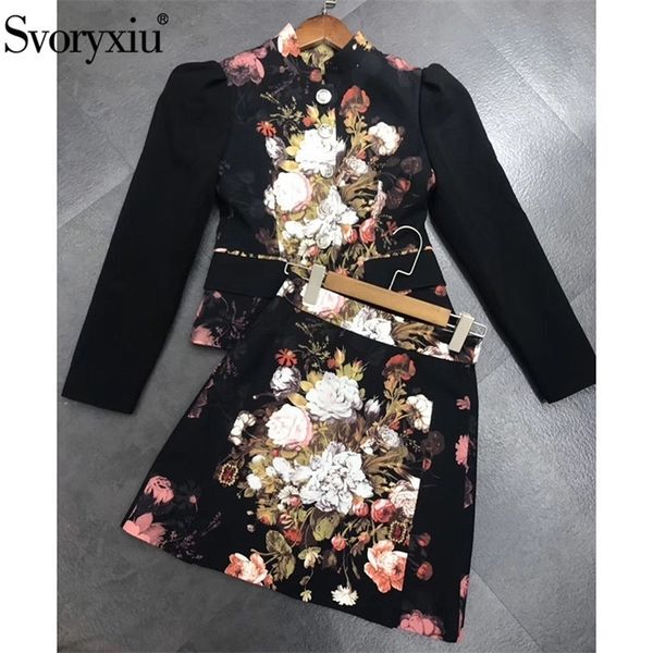 Svoryxiu Luxury Runway Autumn Winter Skirt Suit de feminino Vintage Black Barroce Flor Print Diamond Diamante de duas peças T200325